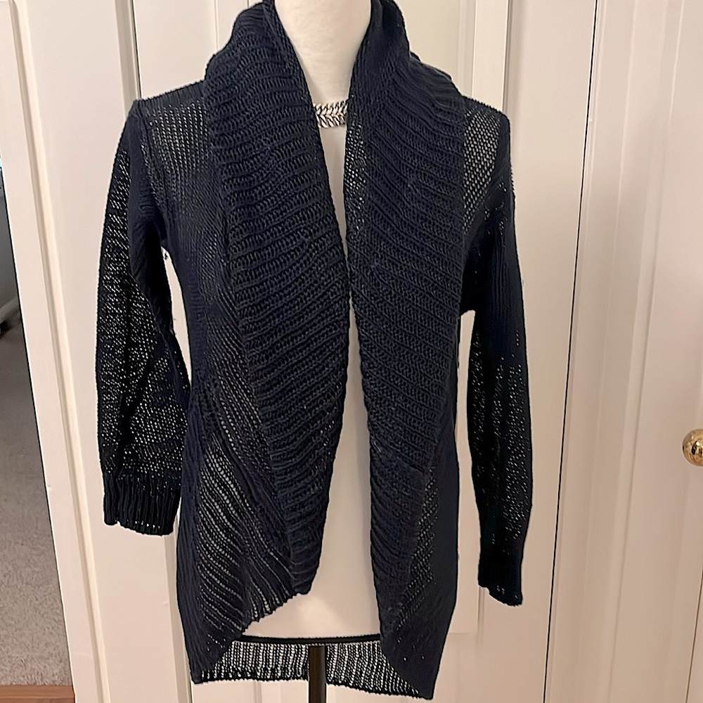 Vince Navy Blue Open Knit Shawl Collar Open Front Shrug Long Sleeve Lite Weight